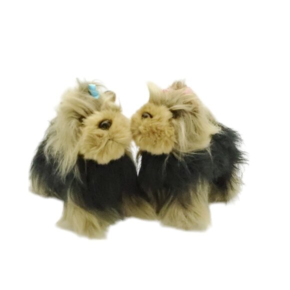 Unbranded Brown‎ and Tan Pair Of Fluffy Yorkie Plush Dogs With Bows in Fur - Picture 7 of 11